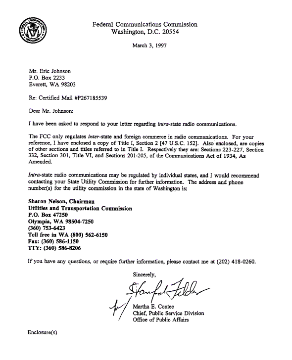 Letter to Eric Johnson shows some FCC personnel understand Federal jurisdiction within the States.